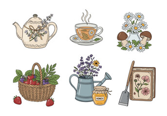 Cottagecore Woodland Items Vector Set – Hand Drawn Doodle Style Toadstool, Snail, Vintage Key, Wild Hat, Jam Jar, and Teacup with Pastel Accents (1)