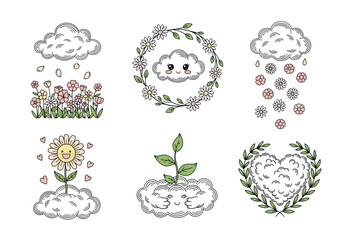 Cloud and Flower Nature Scenes Vector Set – Hand Drawn Doodle Style Clouds, Petals, Leaves, and Heart Blooms with Cute Faces and Pastel Accents (2)