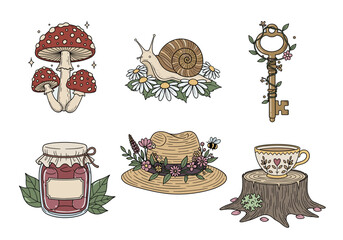 Cottagecore Woodland Items Vector Set – Hand Drawn Doodle Style Toadstool, Snail, Vintage Key, Wild Hat, Jam Jar, and Teacup with Pastel Accents (2)