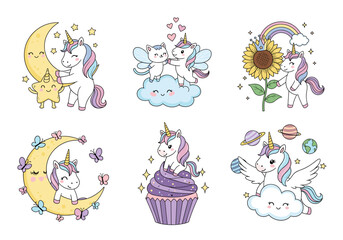 Celestial Unicorn Friends Vector Set – Hand Drawn Doodle Style Unicorns with Stars, Clouds, Cupcakes, Planets, and Pastel Fantasy Accents (1)