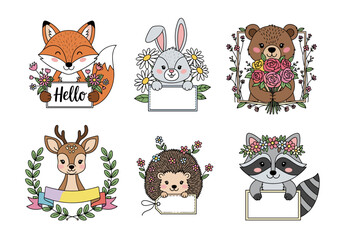 Cute Animal Greeting Cards Vector Set – Hand Drawn Kitten, Elephant, Bird, Squirrel, Bunny, and Turtle with Flowers, Leaves, and Pastel Accents (1)
