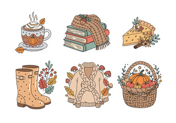 Cozy Autumn Objects Vector Set – Hand Drawn Doodle Style Pumpkin Latte, Books, Pie, Boots, Sweater, and Harvest Basket with Leaves and Warm Pastel Accents (1)