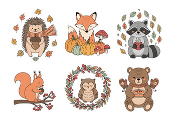 Cozy Autumn Objects Vector Set – Hand Drawn Doodle Style Pumpkin Latte, Books, Pie, Boots, Sweater, and Harvest Basket with Leaves and Warm Pastel Accents (2)