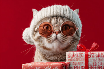 Festive cat wearing winter hat and sunglasses near presents