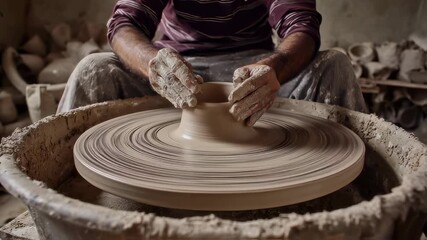 Medium shot of an artisans hands shaping a clay pot on a pottery wheel the focused craftsmanship contrasting with a softly blurred workshop environment. - Powered by Adobe