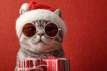 Cool cat wearing a Santa hat and sunglasses holds Christmas gifts