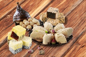 Traditional plate with sweet date fruits and tea