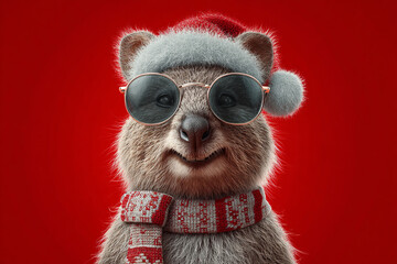 Festive quokka wearing a Santa hat sunglasses and scarf against a red background