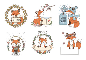 Cute Fox Greeting Scenes Vector Set – Hand Drawn Cartoon Foxes with Flowers, Cards, Gifts, and Forest Accents in Playful Woodland Illustration Style (1)