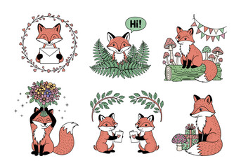 Cute Fox Greeting Scenes Vector Set – Hand Drawn Cartoon Foxes with Flowers, Cards, Gifts, and Forest Accents in Playful Woodland Illustration Style (2)