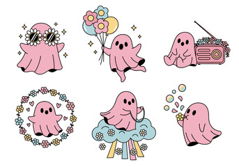 Cute Retro Pink Ghost Vector Set – Hand Drawn Kawaii Doodle Ghosts with Flowers, Balloons, Clouds, and Vintage Accessories in Playful Scenes (2)