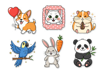 Cute Pet Sticker Vector Set – Hand Drawn Cartoon Puppy, Kitten, Bunny, Hamster, Parrot, and Turtle with Pastel Accents and Playful Expressions (1)