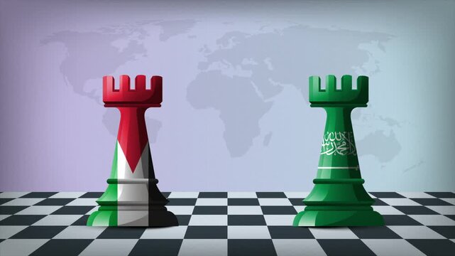 Two Standing Rooks Representing Saudi Arabia vs Palestine with Flags on Bodies and World Map in Background