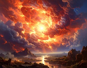 Fiery clouds burst over a landscape