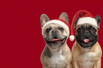 Two French Bulldogs wear Santa hats against a red background a festive Christmas image