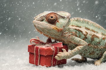 Chameleon holding a Christmas gift in the snow a winter scene