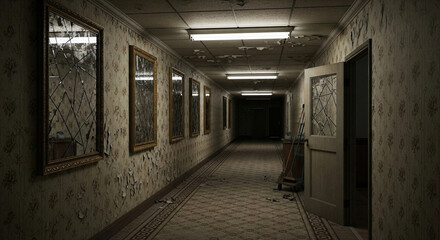 Unsettling_hallway with aged mirrors in a mysterious and atmospheric setting