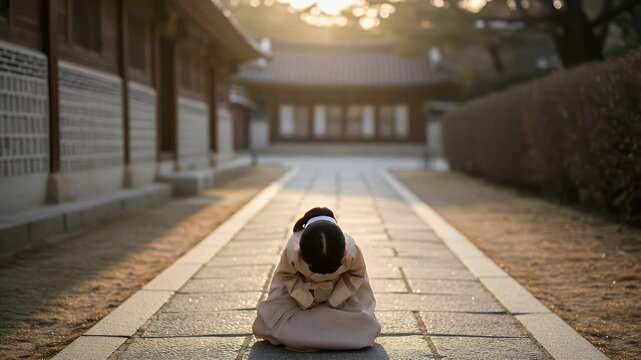 Young child in traditional attire standing on a stone pathway at sunset, surrounded by historical architecture