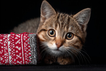 Adorable tabby kitten peeking from behind a red and white gift