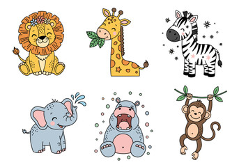 Seamless Safari Baby Animals Pattern – Hand Drawn Doodle Style Lion, Giraffe, Zebra, Elephant, Hippo, and Monkey with Pastel Accents and Whimsical Details (2)