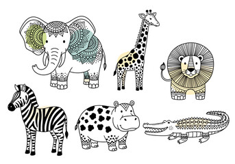 Tribal Woodland Animals Vector Set with Geometric Folk Patterns – Hand Drawn Deer, Fox, Rabbit, Bear, Owl, and Raccoon on White Background (1)
