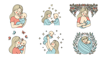 Sweet Mother and Baby Vector Set – Hand Drawn Cartoon Moms Cradling, Kissing, Hugging, and Playing with Infants in Tender, Pastel-Themed Scenes (1)