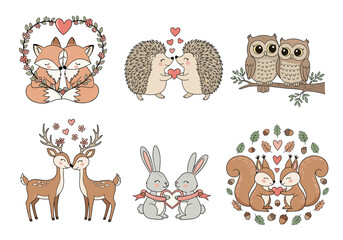 Valentine Pet Couples Vector Set – Hand Drawn Doodle Style Cats, Dogs, Birds, Bunnies, Penguins, and Farm Animals with Hearts, Flowers, and Pastel Accents (1)