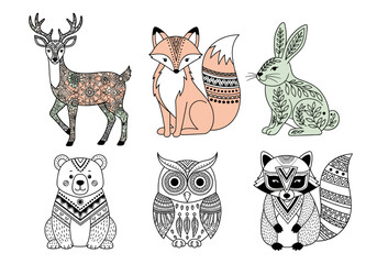 Tribal Woodland Animals Vector Set with Geometric Folk Patterns – Hand Drawn Deer, Fox, Rabbit, Bear, Owl, and Raccoon on White Background (3)