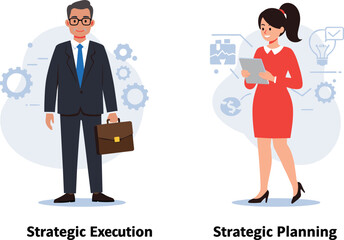 Businessman presenting leadership strategy with chart, businesswoman holding tablet for innovation, corporate teamwork, office presentation, management skills, professional growth illustration