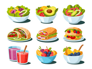 A collection of nine colorful and delicious food illustrations