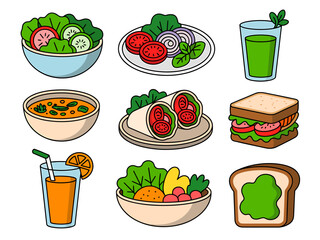 A charming collection of nine cartoon style food illustrations