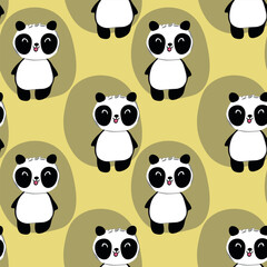Obraz premium Seamless pattern with cute panda baby on color background. Funny asian animals. Card, postcards for kids. Flat vector illustration for fabric, textile, wallpaper, poster, gift wrapping paper.