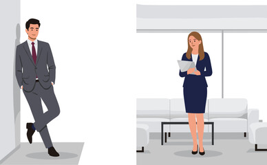 Obraz premium Businessman standing confidently in formal suit, businesswoman reading documents in modern office, teamwork collaboration, professional growth, career success, corporate strategy illustration