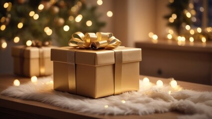 Golden Christmas gift box with ribbon in festive lights background