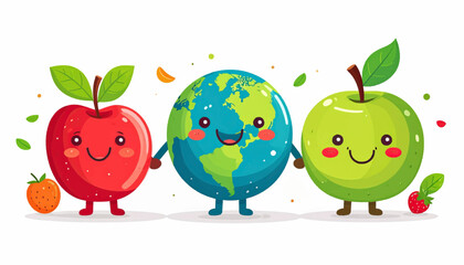 Cute cartoon red apple, green apple, and Earth characters happily holding hands, symbolizing unity, environmental care, and a healthy, sustainable future for all