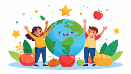 Happy Kids Celebrating Earth Day with Fruits and Bread