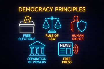 Neon Democracy Symbols with Voting Icons and Election Concepts for Civic Education