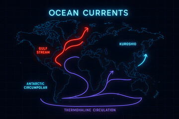 Neon Ocean Currents Map Showing Marine Flow Patterns for Environmental Science