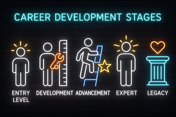 Neon Career Pathway Showing Professional Development and Job Progression for Career Coaching