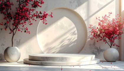 Minimalist, beige aesthetic space with pink flowers