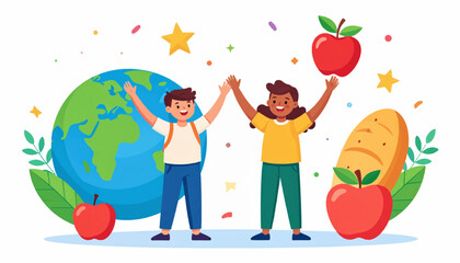 Celebrating Global Unity Diverse Children with Joy, Apples, Bread, and Planet Earth Illustration