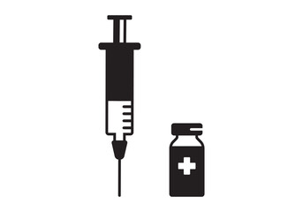 	
Syringe and vial icon, medicine needle inject pictogram. Medical vaccine shot and glass bottle dose. Black line and flat drug isolated on white background. Healthcare simple vector illustration