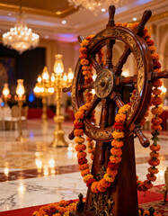 Ornate ship wheel adorned with marigold garlands stands in a grand ballroom with chandeliers and lights