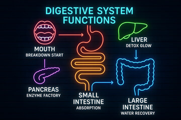 Neon Digestive Journey Showing Human Gut System and Food Processing for Biology Education