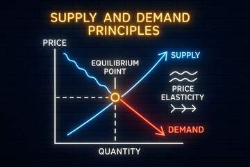 Neon Market Equilibrium Showing Supply Demand Balance and Economic Stability for Business Education