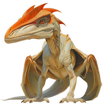 A captivating digital rendering showcases a juvenile troodon dinosaur, isolated on transparent background, standing alert with its distinctive orange crest and feathers