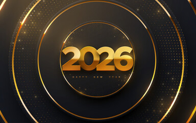 Happy New 2026 Year. Vector holiday illustration of golden numbers 2026 on black radial background textured with gold glittering strokes.