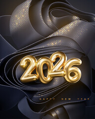 Happy New 2026 Year. Vector holiday illustration. Golden number 2026. Wavy black ribbons background with shimmering glitter patterns. Festive banner. Decoration for poster or cover design