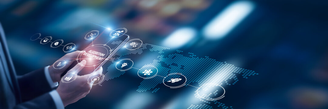 Businessman researches Algorithm Development technological and discover data, optimization models, machine learning algorithms, predictive coding, computational analysis, efficiency improvement