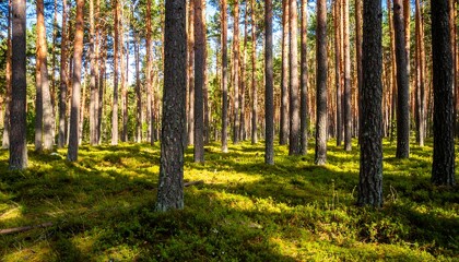 Fototapeta premium Sunlight filters through pine trees